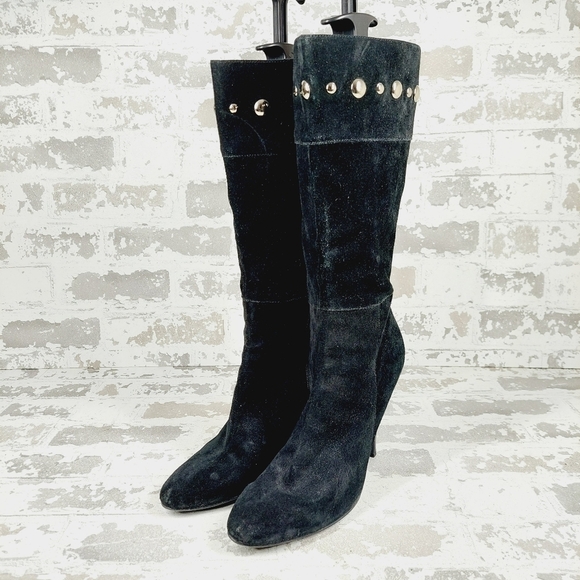 Guess Black Leather Side Zip Suede Heels Mid-Calf Boots F914 - Picture 2 of 14